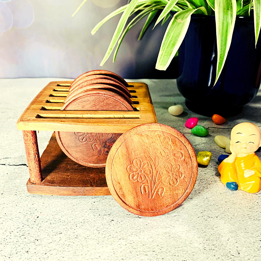 Homefrills Wooden Round Shape Carved Coaster Set for Tea Cups Coffee Mugs Beer Cans Bar Tumblers and Water Glasses with Wooden Stand for Kitchen/Dining Table/Office Handcarved Coasters - Set of 6